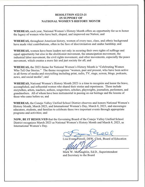 Resolution in Support of Women's History Month